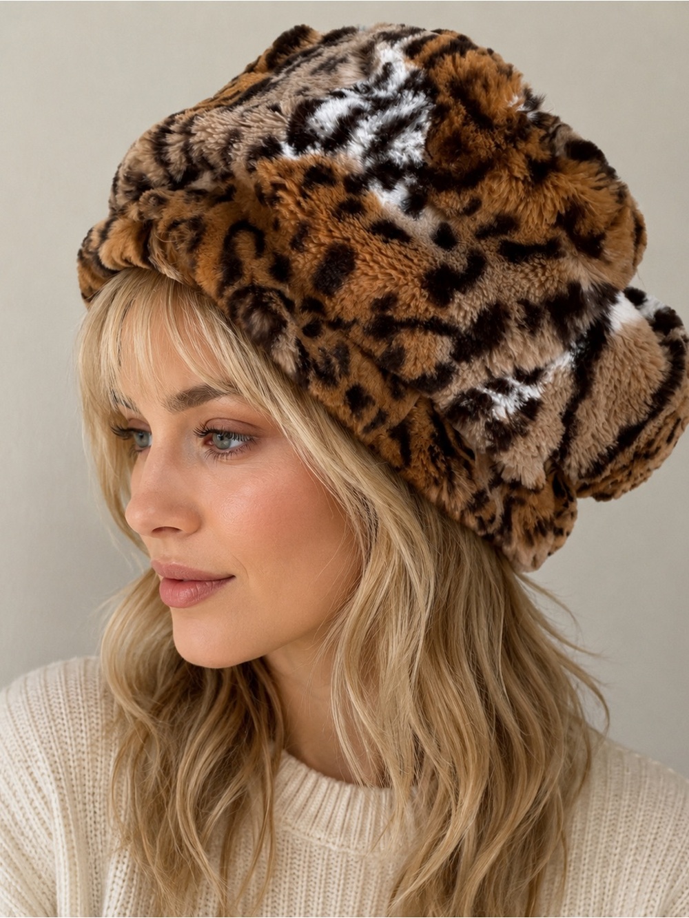 Adrienne Landau Faux Fur Animal Print Hat Small